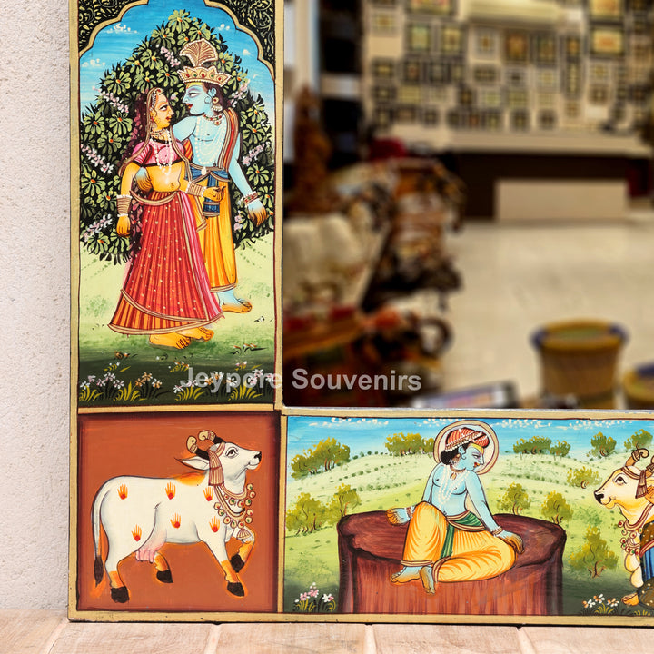 Handcrafted Radha Krishna Wooden Wall Mirror | Traditional Indian Miniature Art Decorative Mirror | Luxury Handmade Wall Décor