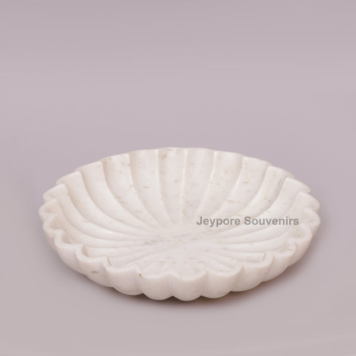 Hand-Carved White Marble Flower Urli Bowl with Fluted Petal Design