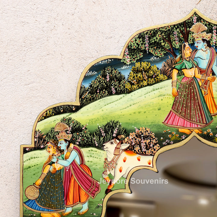 Handcrafted Radha Krishna Wooden Wall Mirror | Traditional Indian Miniature Art Decorative Mirror | Luxury Handmade Wall Décor