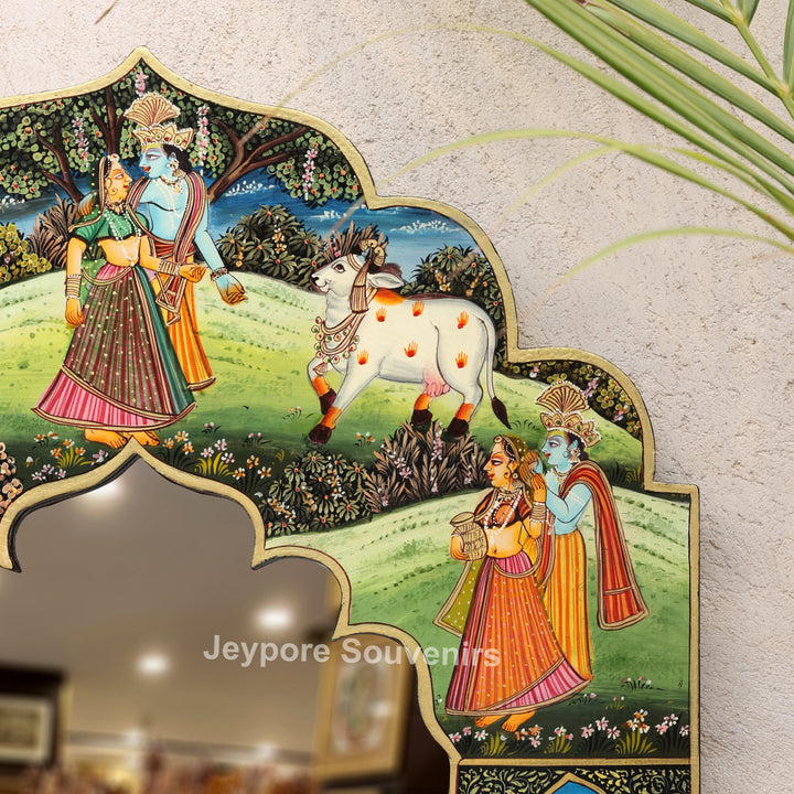 Handcrafted Radha Krishna Wooden Wall Mirror | Traditional Indian Miniature Art Decorative Mirror | Luxury Handmade Wall Décor