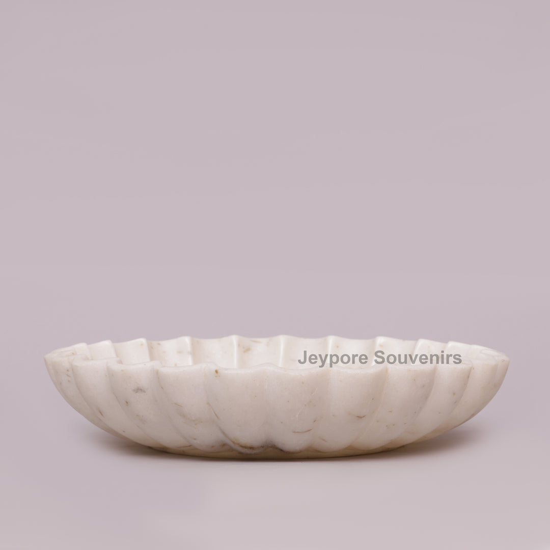 Hand-Carved White Marble Flower Urli Bowl with Fluted Petal Design