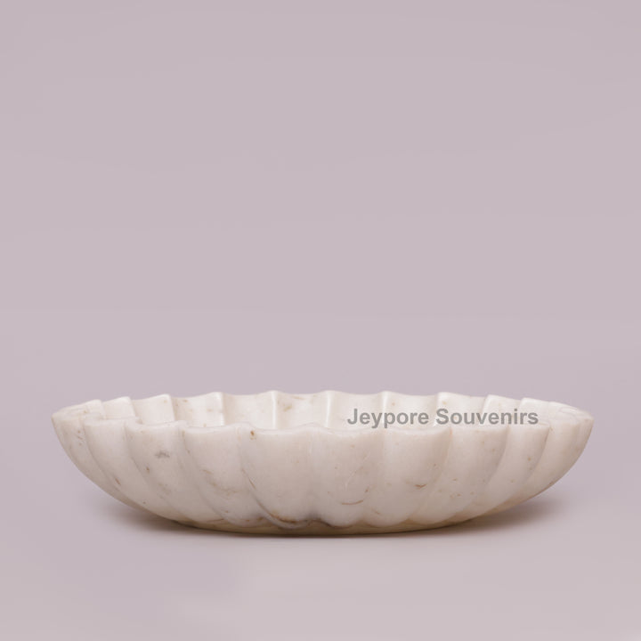 Hand-Carved White Marble Flower Urli Bowl with Fluted Petal Design