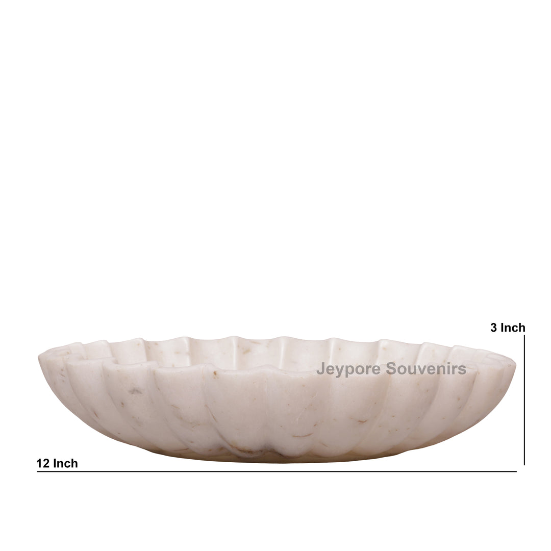 Hand-Carved White Marble Flower Urli Bowl with Fluted Petal Design