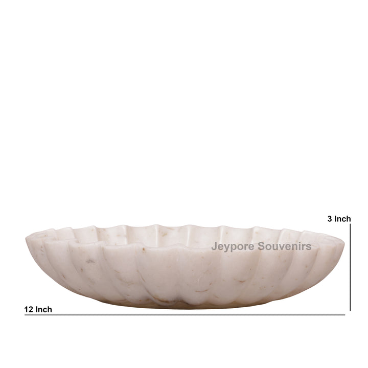 Hand-Carved White Marble Flower Urli Bowl with Fluted Petal Design