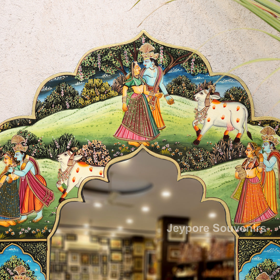 Handcrafted Radha Krishna Wooden Wall Mirror | Traditional Indian Miniature Art Decorative Mirror | Luxury Handmade Wall Décor