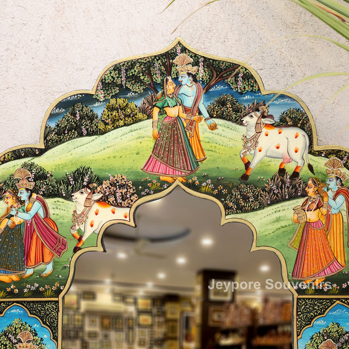 Handcrafted Radha Krishna Wooden Wall Mirror | Traditional Indian Miniature Art Decorative Mirror | Luxury Handmade Wall Décor