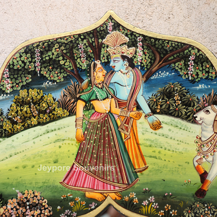 Handcrafted Radha Krishna Wooden Wall Mirror | Traditional Indian Miniature Art Decorative Mirror | Luxury Handmade Wall Décor