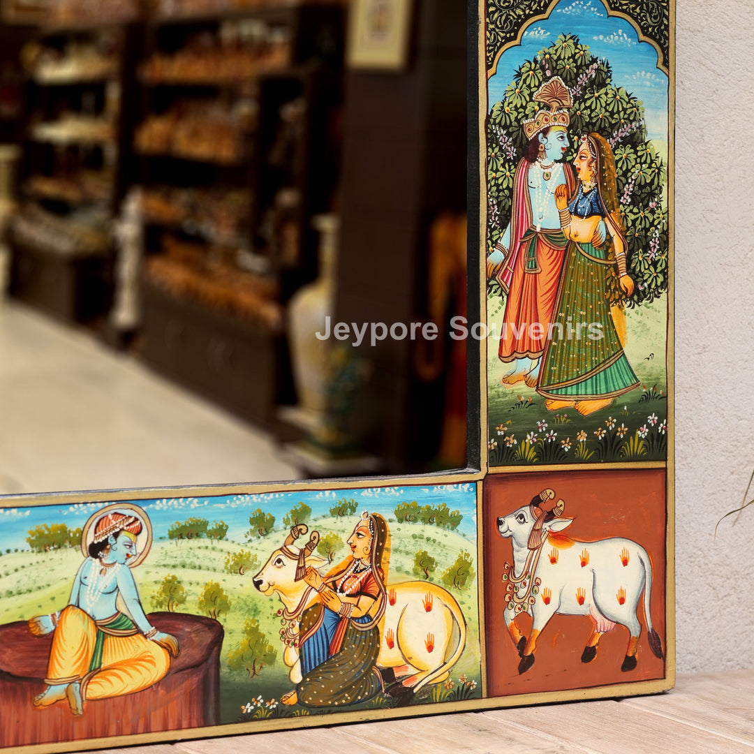 Handcrafted Radha Krishna Wooden Wall Mirror | Traditional Indian Miniature Art Decorative Mirror | Luxury Handmade Wall Décor