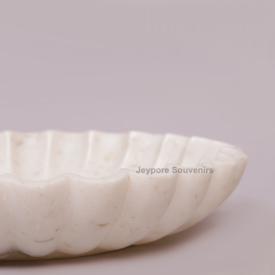 Hand-Carved White Marble Flower Urli Bowl with Fluted Petal Design