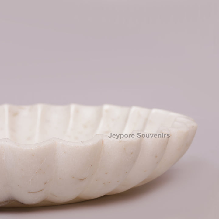 Hand-Carved White Marble Flower Urli Bowl with Fluted Petal Design