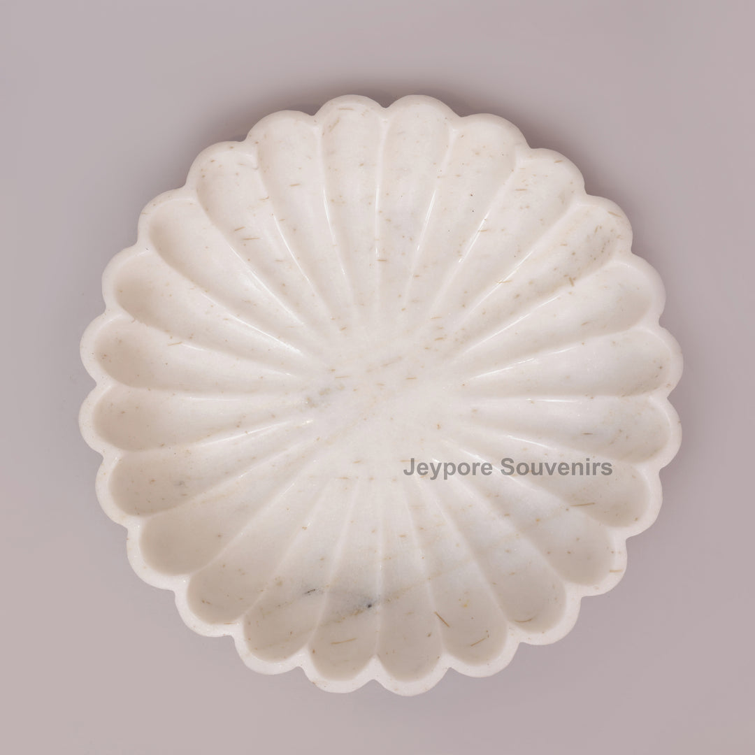 Hand-Carved White Marble Flower Urli Bowl with Fluted Petal Design