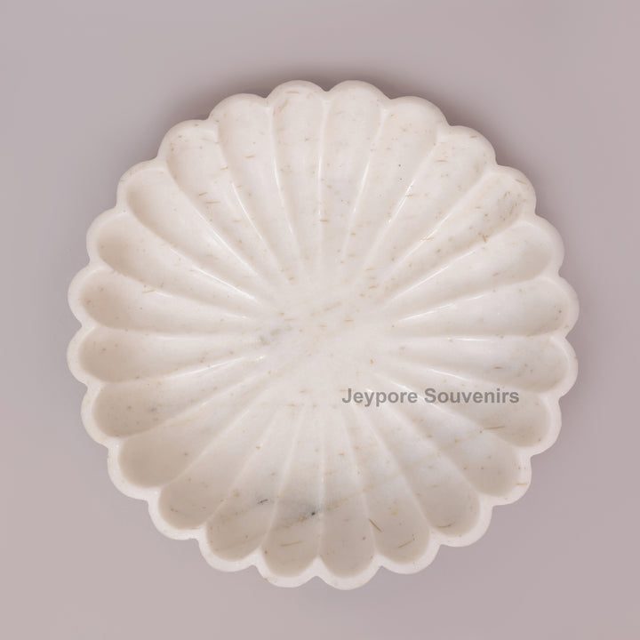 Hand-Carved White Marble Flower Urli Bowl with Fluted Petal Design