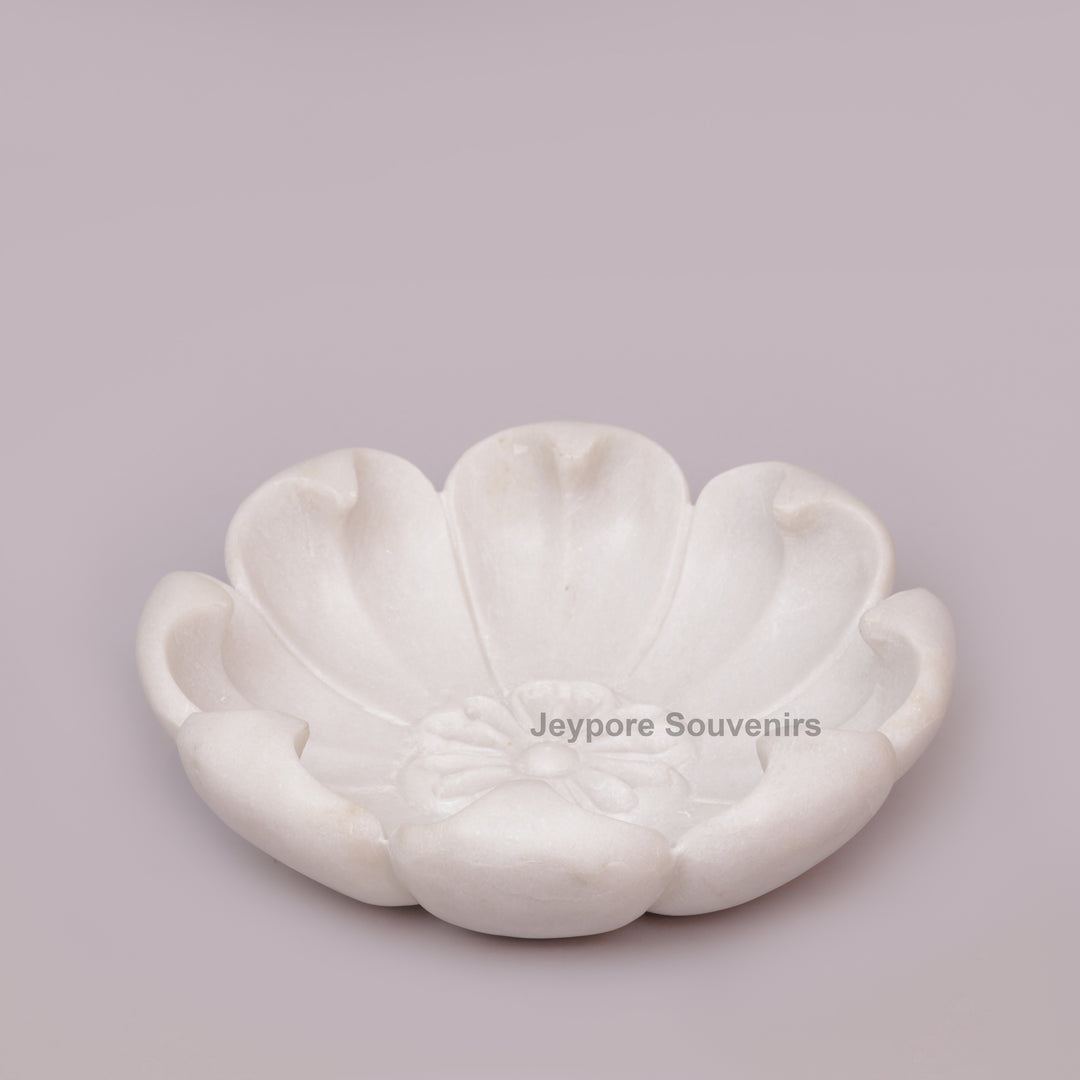 Hand-Carved White Marble Flower Bowl with Petal-Shaped Rim