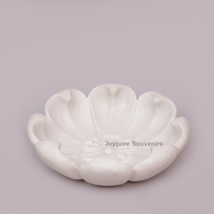 Hand-Carved White Marble Flower Bowl with Petal-Shaped Rim