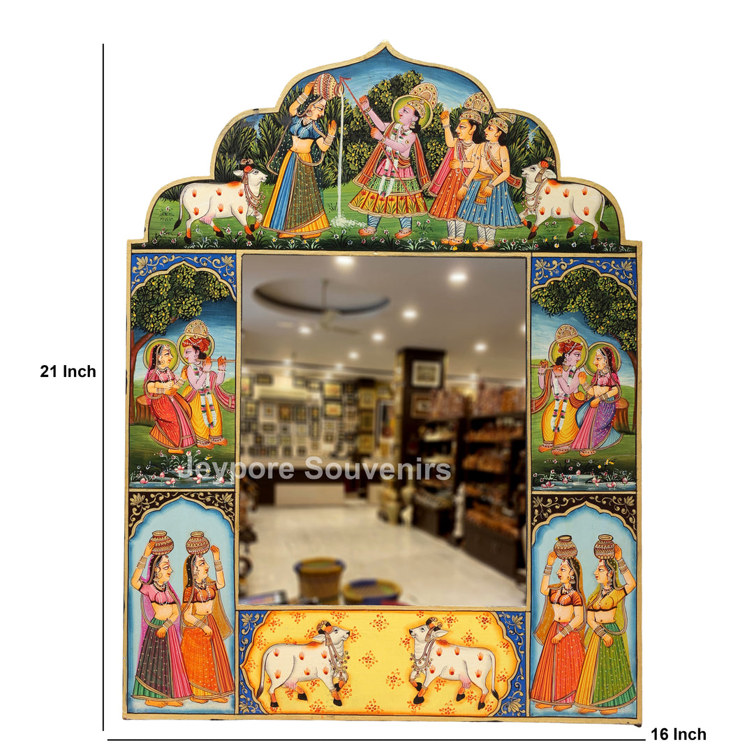 Traditional Handcrafted Radha Krishna Wooden Wall Mirror