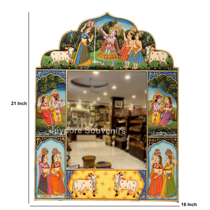 Traditional Handcrafted Radha Krishna Wooden Wall Mirror