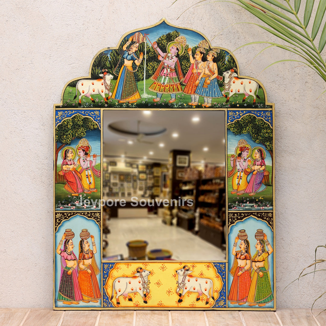 Traditional Handcrafted Radha Krishna Wooden Wall Mirror