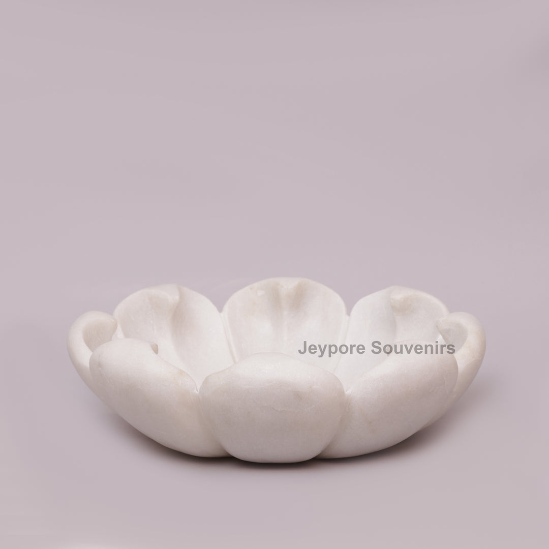Hand-Carved White Marble Flower Bowl with Petal-Shaped Rim