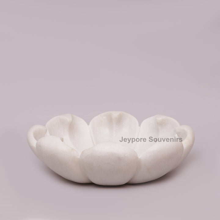 Hand-Carved White Marble Flower Bowl with Petal-Shaped Rim