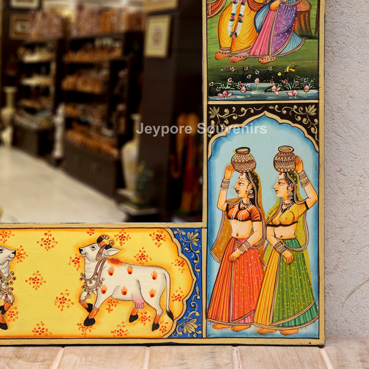 Traditional Handcrafted Radha Krishna Wooden Wall Mirror