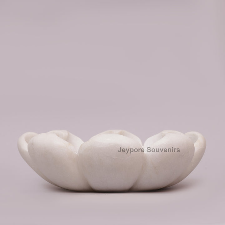 Hand-Carved White Marble Flower Bowl with Petal-Shaped Rim