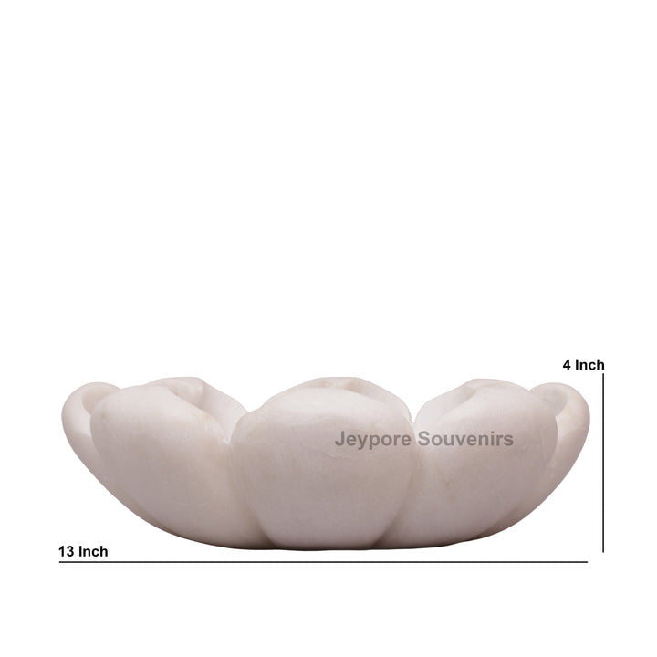 Hand-Carved White Marble Flower Bowl with Petal-Shaped Rim