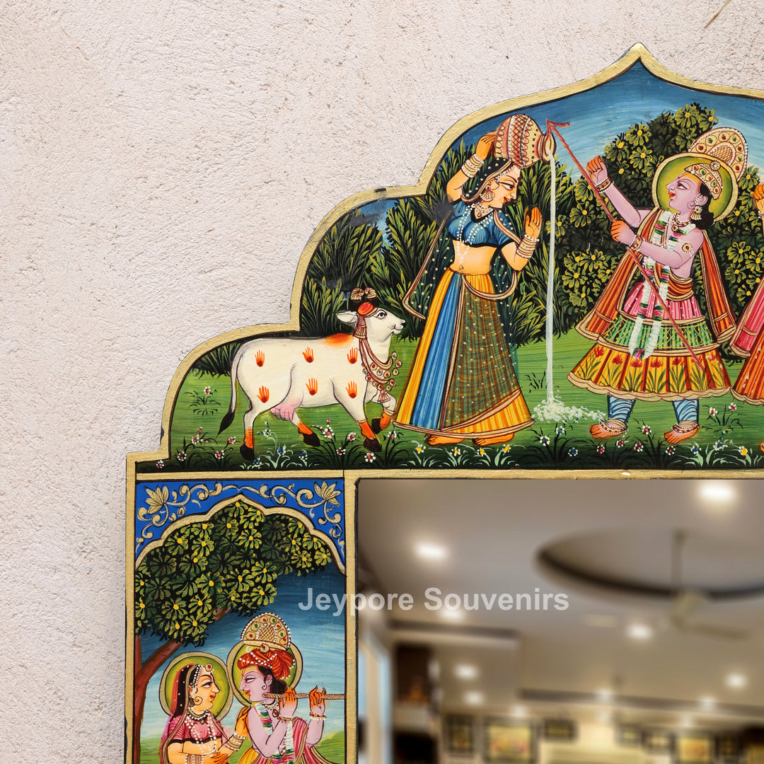 Traditional Handcrafted Radha Krishna Wooden Wall Mirror
