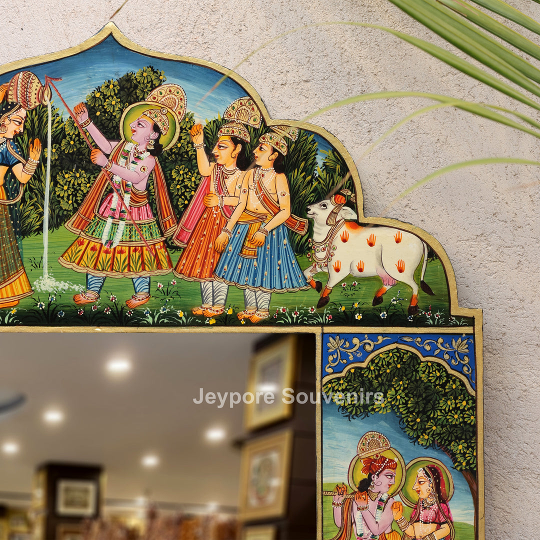 Traditional Handcrafted Radha Krishna Wooden Wall Mirror