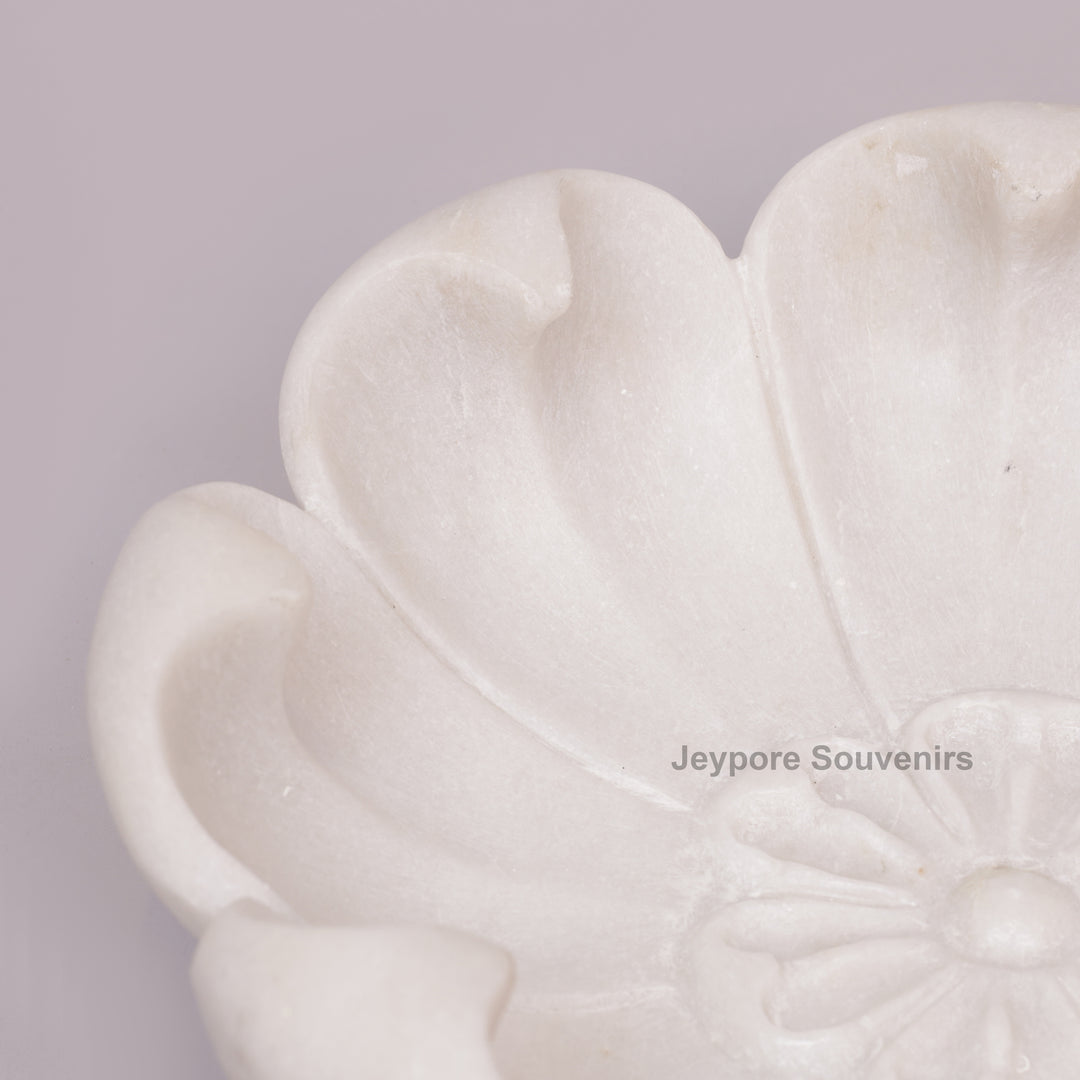 Hand-Carved White Marble Flower Bowl with Petal-Shaped Rim