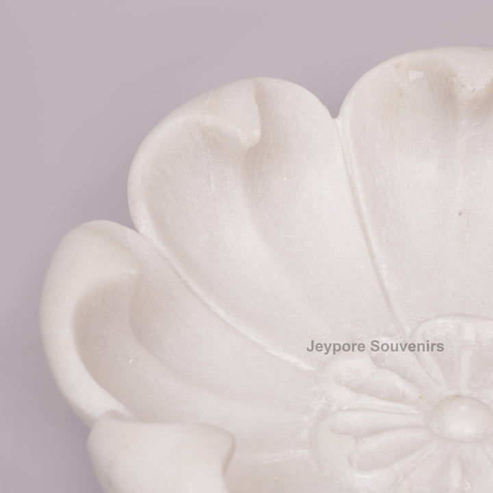 Hand-Carved White Marble Flower Bowl with Petal-Shaped Rim