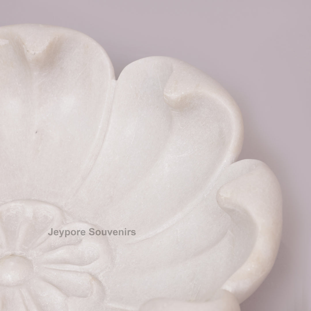 Hand-Carved White Marble Flower Bowl with Petal-Shaped Rim