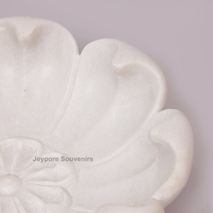 Hand-Carved White Marble Flower Bowl with Petal-Shaped Rim