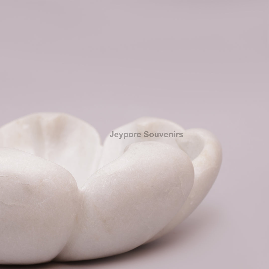 Hand-Carved White Marble Flower Bowl with Petal-Shaped Rim