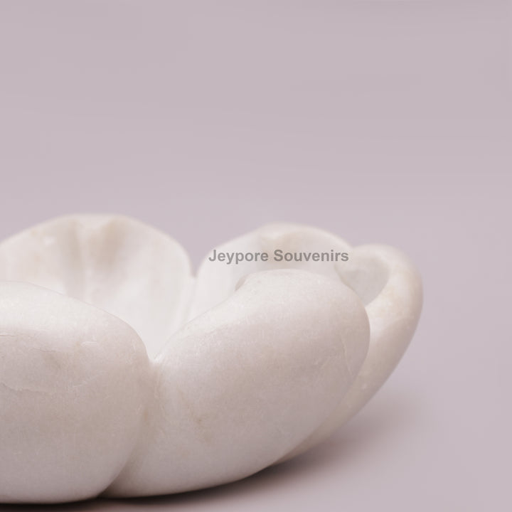 Hand-Carved White Marble Flower Bowl with Petal-Shaped Rim