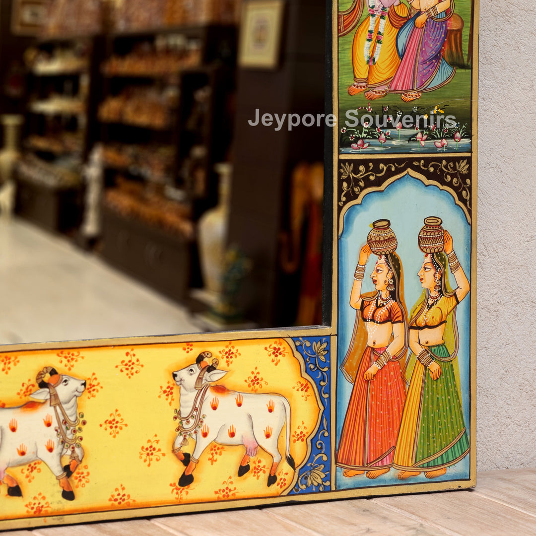 Traditional Handcrafted Radha Krishna Wooden Wall Mirror
