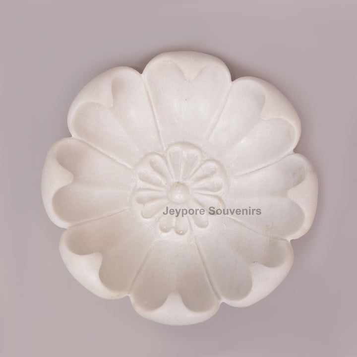 Hand-Carved White Marble Flower Bowl with Petal-Shaped Rim