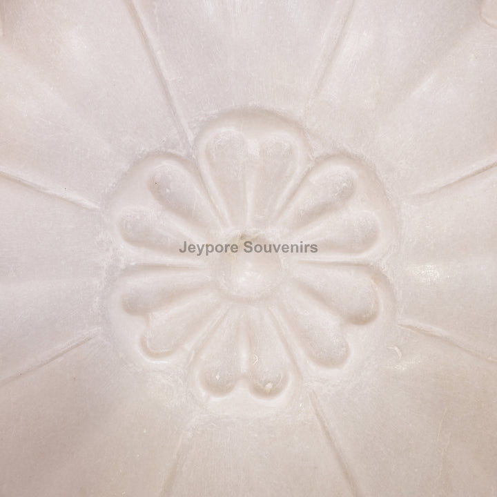 Hand-Carved White Marble Flower Bowl with Petal-Shaped Rim