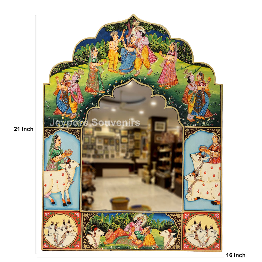 Handcrafted Krishna Raas Leela Luxury Wooden Wall Mirror