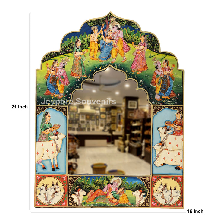 Handcrafted Krishna Raas Leela Luxury Wooden Wall Mirror