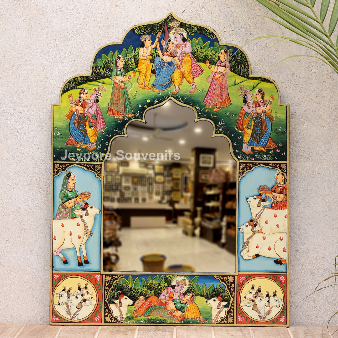 Handcrafted Krishna Raas Leela Luxury Wooden Wall Mirror