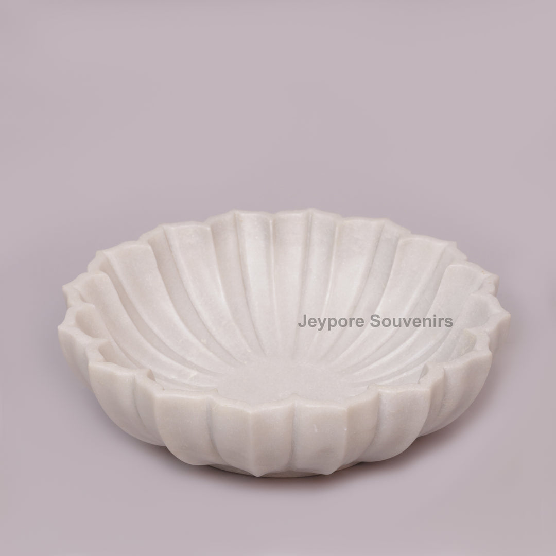 Handcrafted White Marble Decorative Bowl with Fluted Petal Design