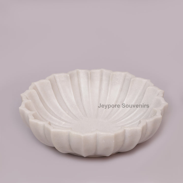 Handcrafted White Marble Decorative Bowl with Fluted Petal Design