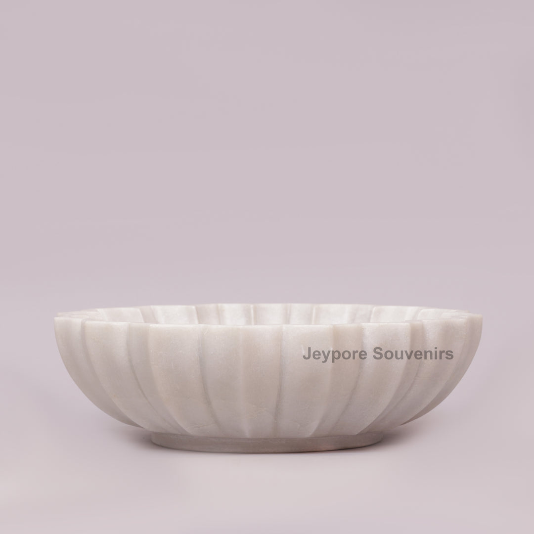 Handcrafted White Marble Decorative Bowl with Fluted Petal Design