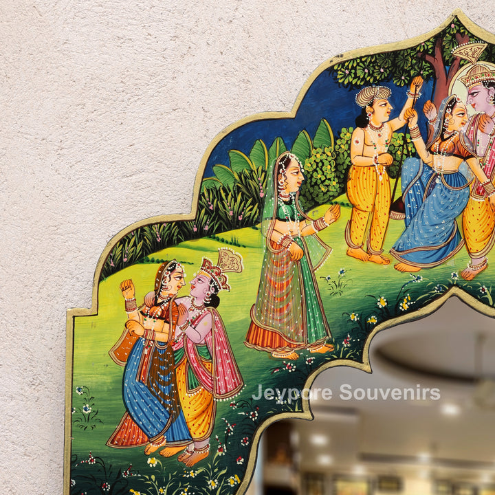 Handcrafted Krishna Raas Leela Luxury Wooden Wall Mirror