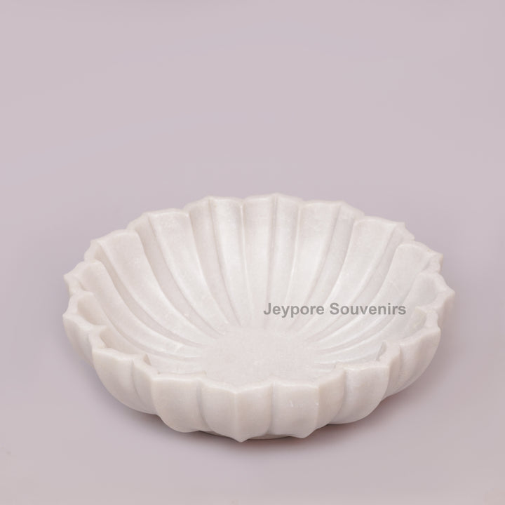 Handcrafted White Marble Decorative Bowl with Fluted Petal Design