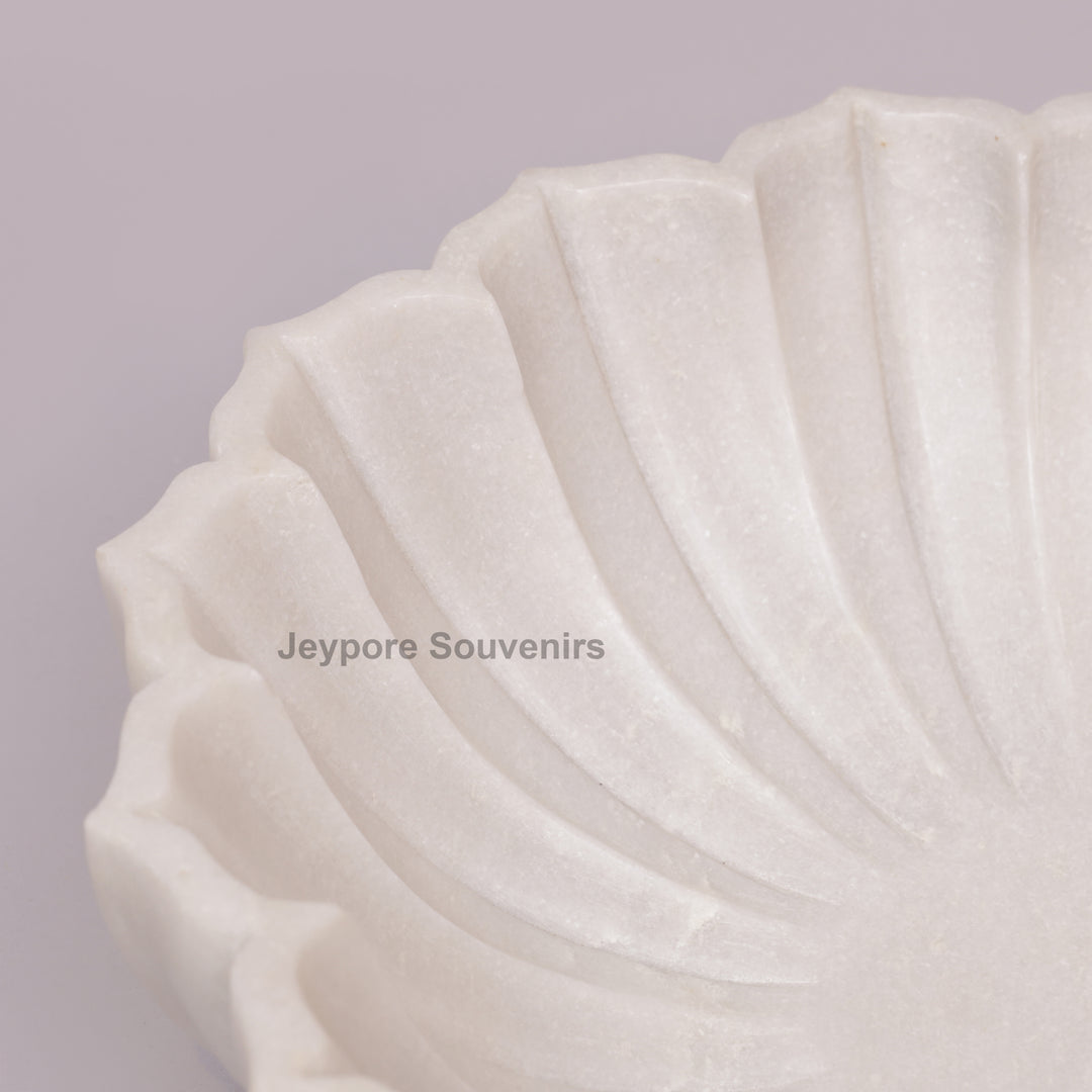 Handcrafted White Marble Decorative Bowl with Fluted Petal Design