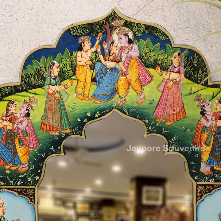 Handcrafted Krishna Raas Leela Luxury Wooden Wall Mirror