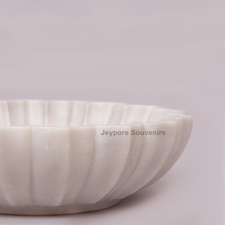 Handcrafted White Marble Decorative Bowl with Fluted Petal Design