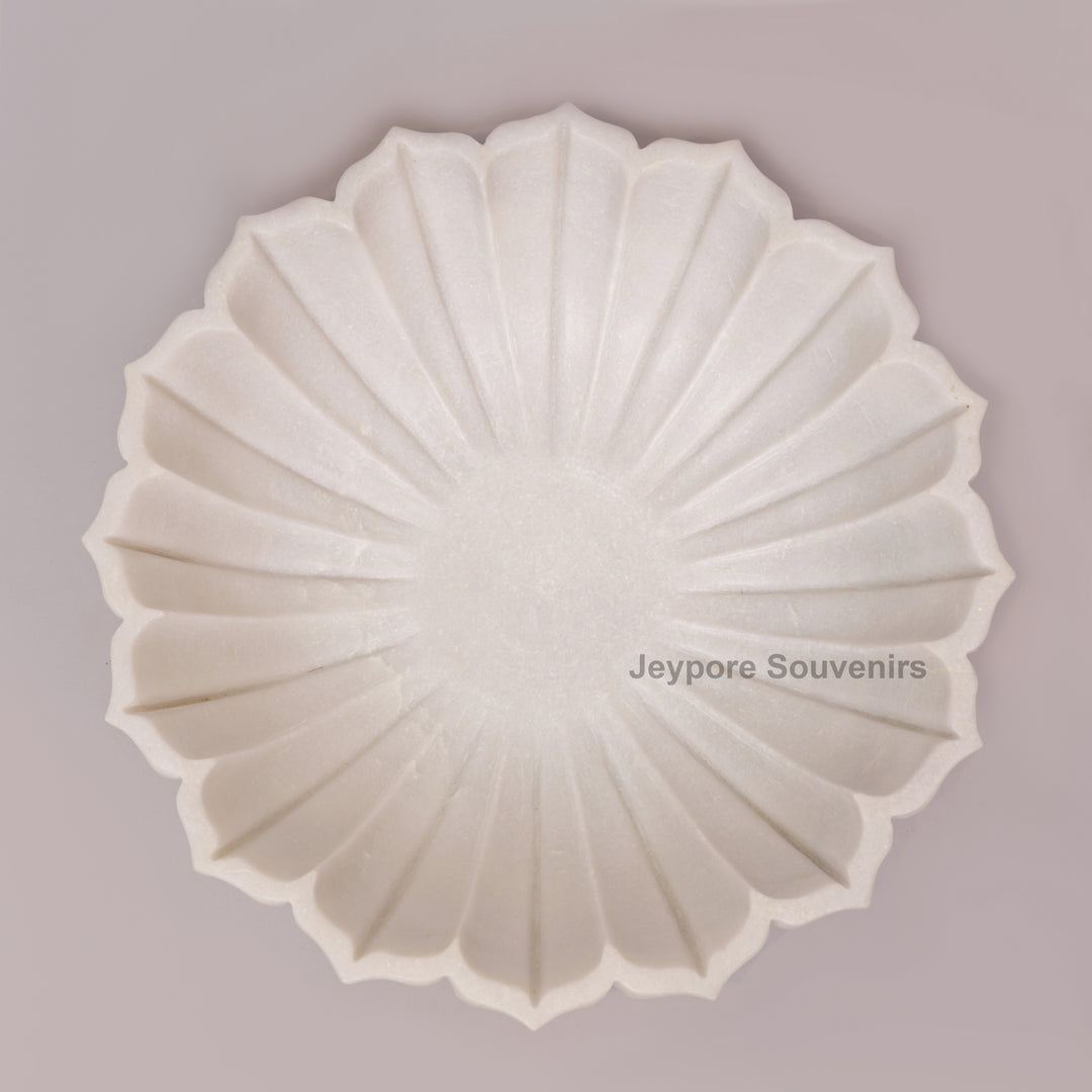 Handcrafted White Marble Decorative Bowl with Fluted Petal Design