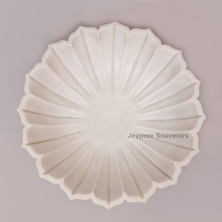 Handcrafted White Marble Decorative Bowl with Fluted Petal Design